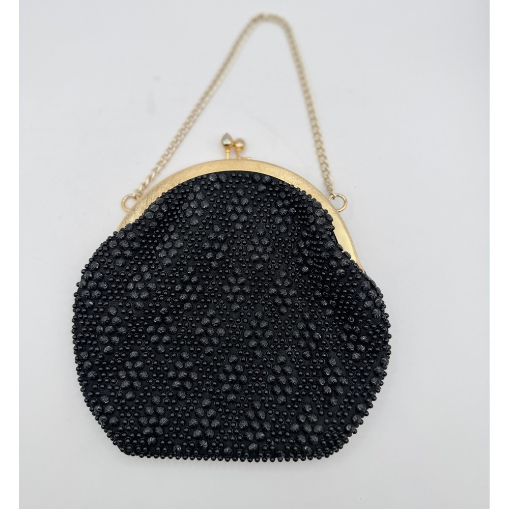 Vintage Black Beaded Evening Clutch Gold Frame Kiss Lock Small Black Very Good